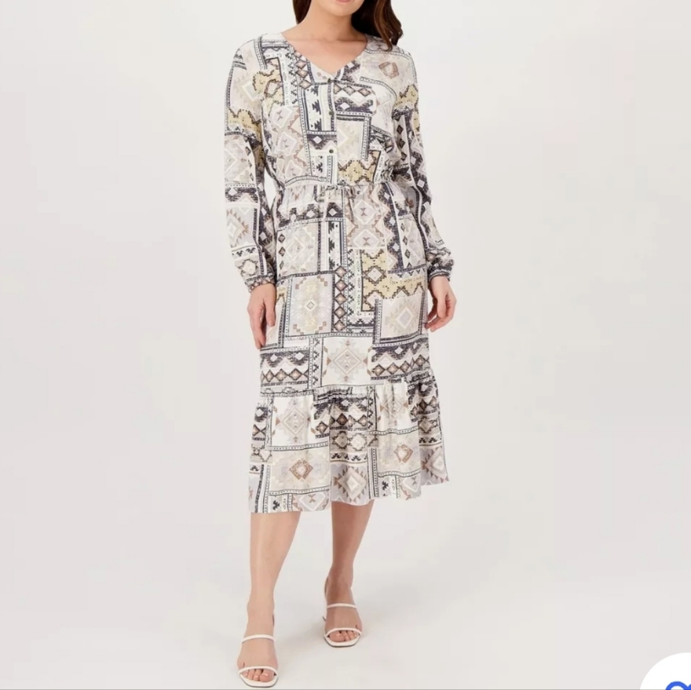Canyon Retreat Missses Mesa Woven Printed Tiered Midi Dress Size M NWOT